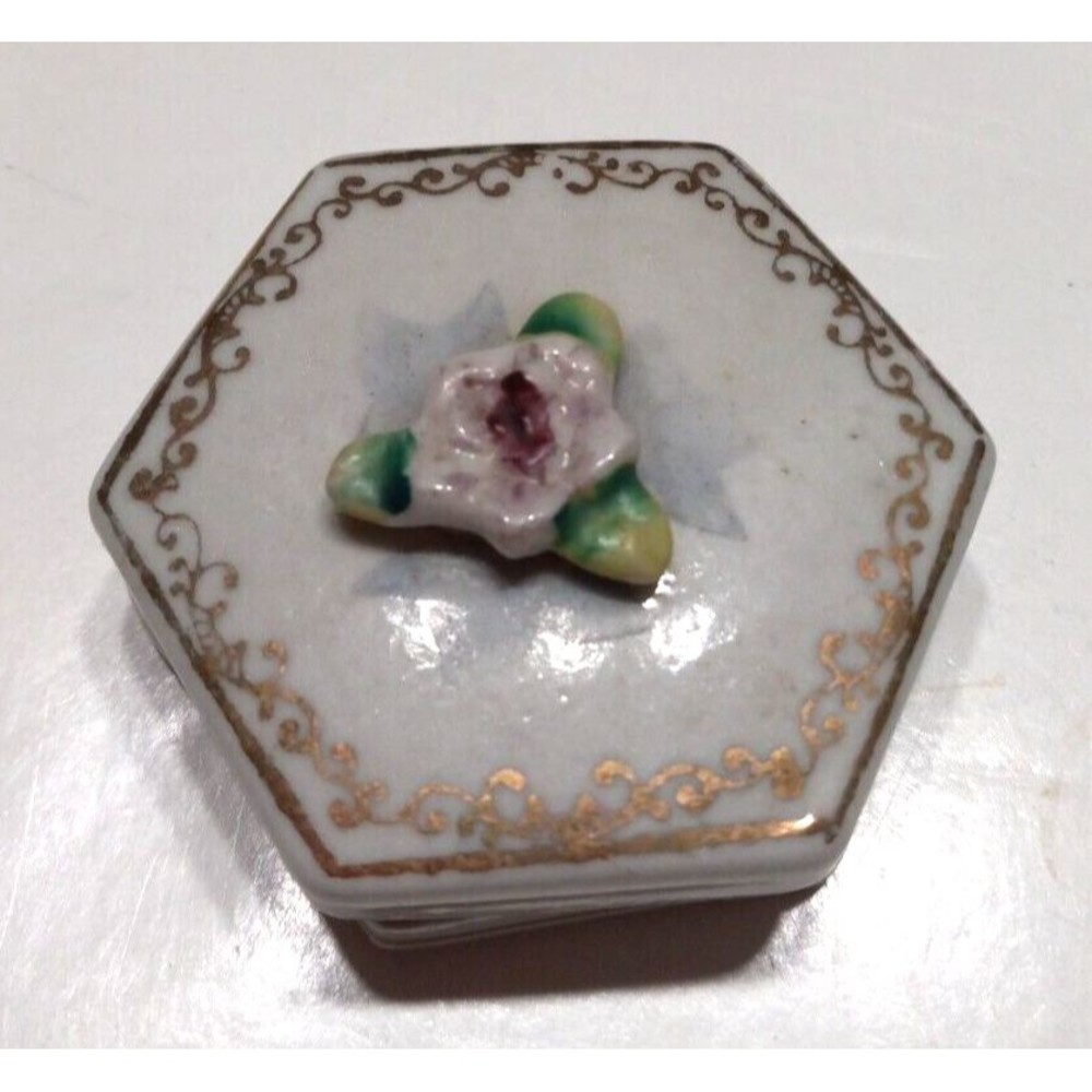 Vintage Hand Painted Porcelain Trinket Box Occupied Japan Floral Hexagon FLAW